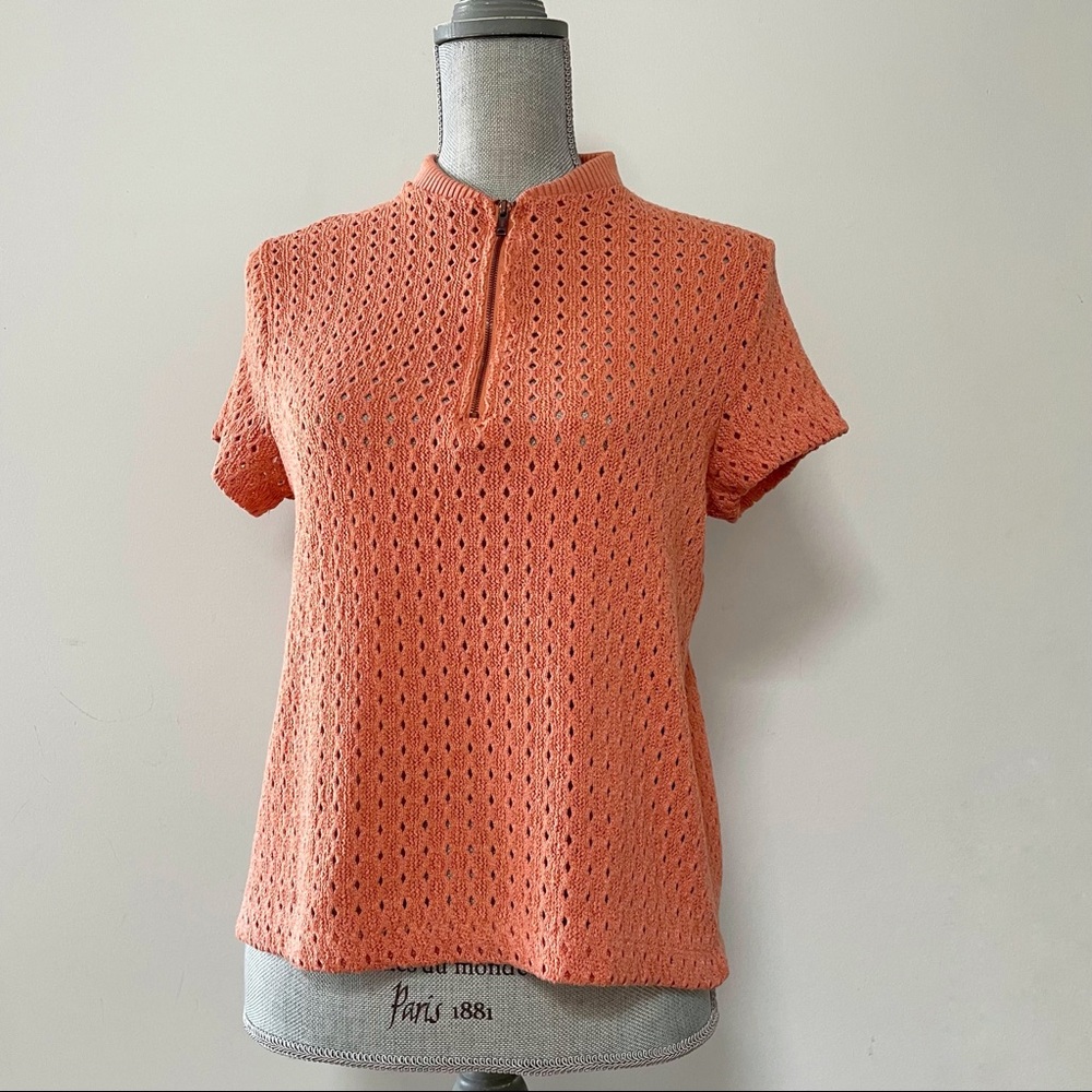 Zara short sleeve crochet knit top peach colour Y2K half zip high neck